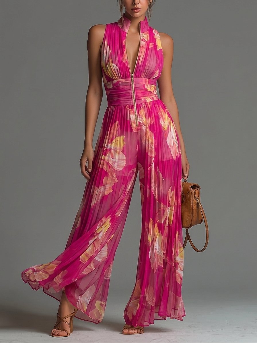 Fuchsia Floral Print Sleeveless Zippered Pleated Wide-leg Chiffon Jumpsuit Hero
