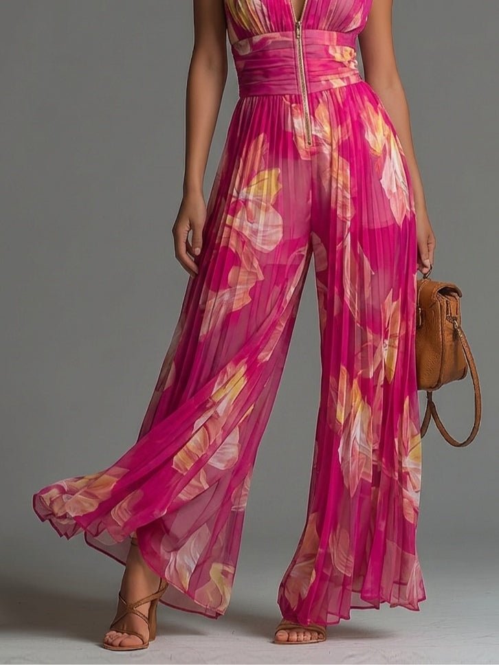 Fuchsia Floral Print Sleeveless Zippered Pleated Wide-leg Chiffon Jumpsuit Side