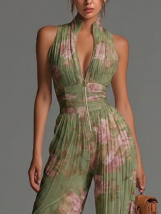 Green Floral V-neck Sleeveless Zip-up Pleated Wide-leg Chiffon Jumpsuit Detail