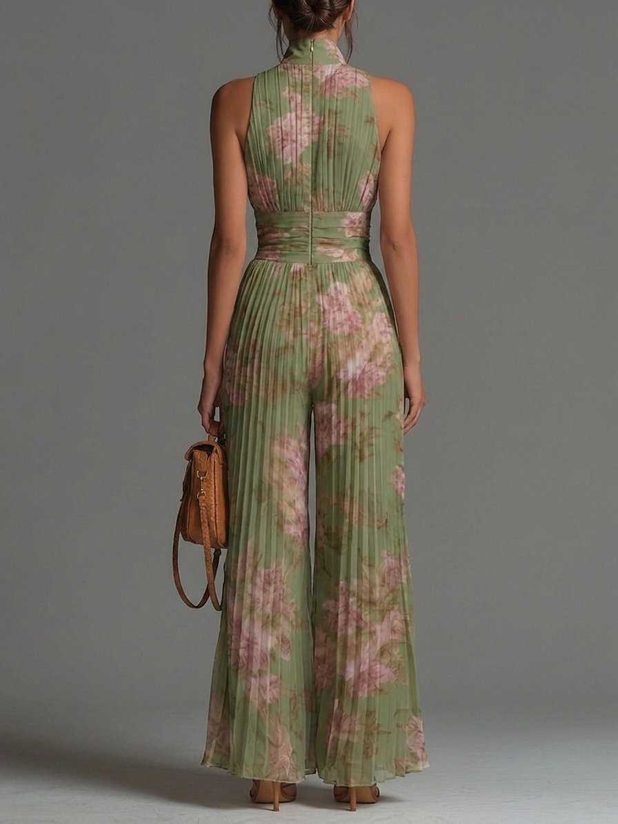 Green Floral V-neck Sleeveless Zip-up Pleated Wide-leg Chiffon Jumpsuit Front