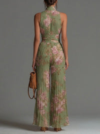 Green Floral V-neck Sleeveless Zip-up Pleated Wide-leg Chiffon Jumpsuit Front