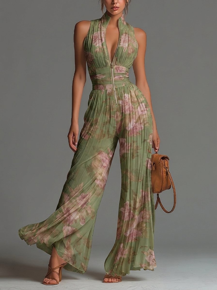 Green Floral V-neck Sleeveless Zip-up Pleated Wide-leg Chiffon Jumpsuit Hero