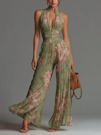 Green Floral V-neck Sleeveless Zip-up Pleated Wide-leg Chiffon Jumpsuit Hero