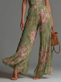 Green Floral V-neck Sleeveless Zip-up Pleated Wide-leg Chiffon Jumpsuit Side