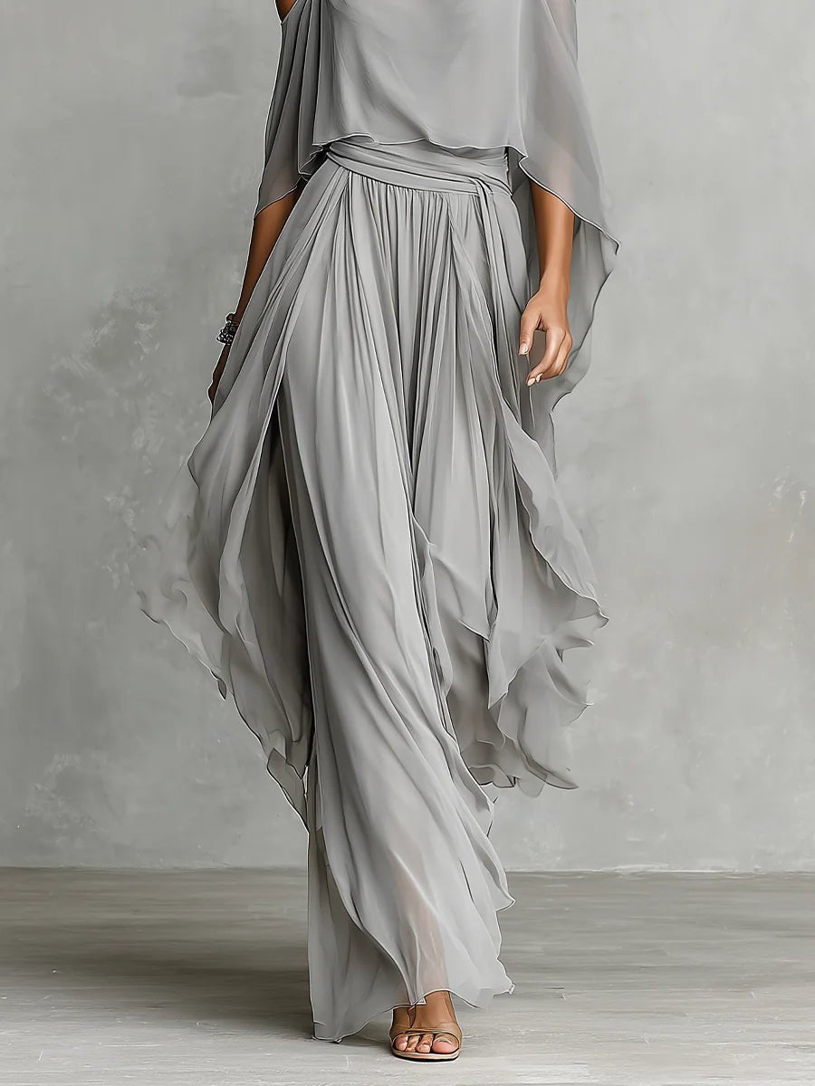 Grey off-shoulder flowy camisole and trousers chiffon set Detail