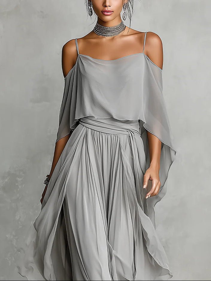 Grey off-shoulder flowy camisole and trousers chiffon set Front