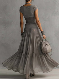 Grey Sheer Lace-Paneled Top and Pleated Maxi Skirt Set Front