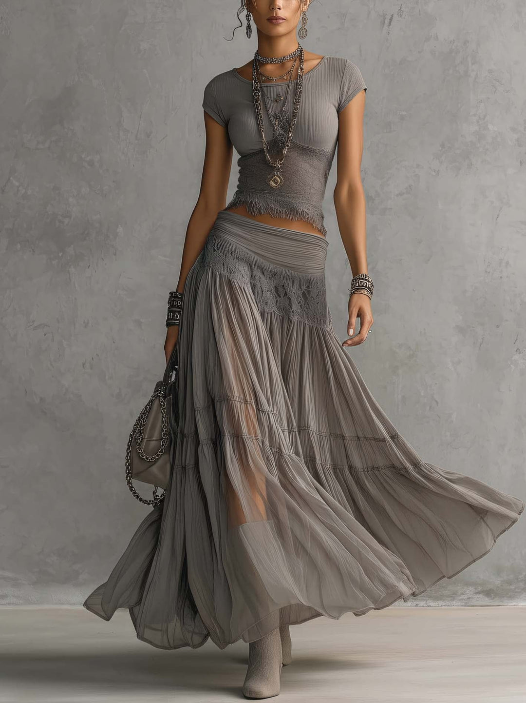 Grey Sheer Lace-Paneled Top and Pleated Maxi Skirt Set Hero