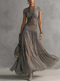 Grey Sheer Lace-Paneled Top and Pleated Maxi Skirt Set Hero