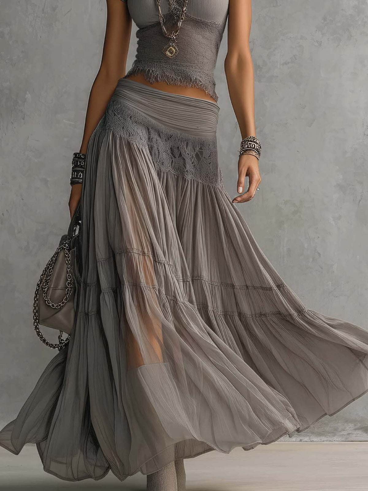 Grey Sheer Lace-Paneled Top and Pleated Maxi Skirt Set Side