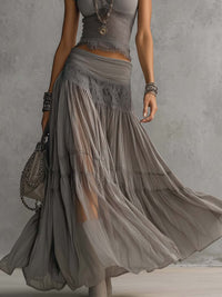 Grey Sheer Lace-Paneled Top and Pleated Maxi Skirt Set Side