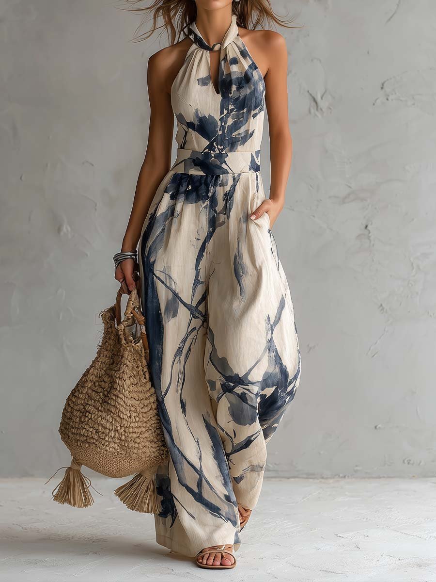 Halter Neck Ink Wash Print Wide Leg Jumpsuit With Pockets Hero