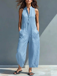 Harlow | Wide-Leg Button Cotton Jumpsuit Angle