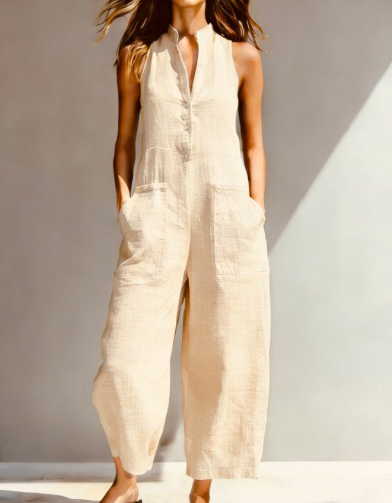 Harlow | Wide-Leg Button Cotton Jumpsuit Close Up
