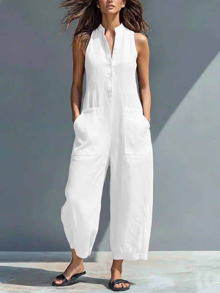 Harlow | Wide-Leg Button Cotton Jumpsuit Lifestyle