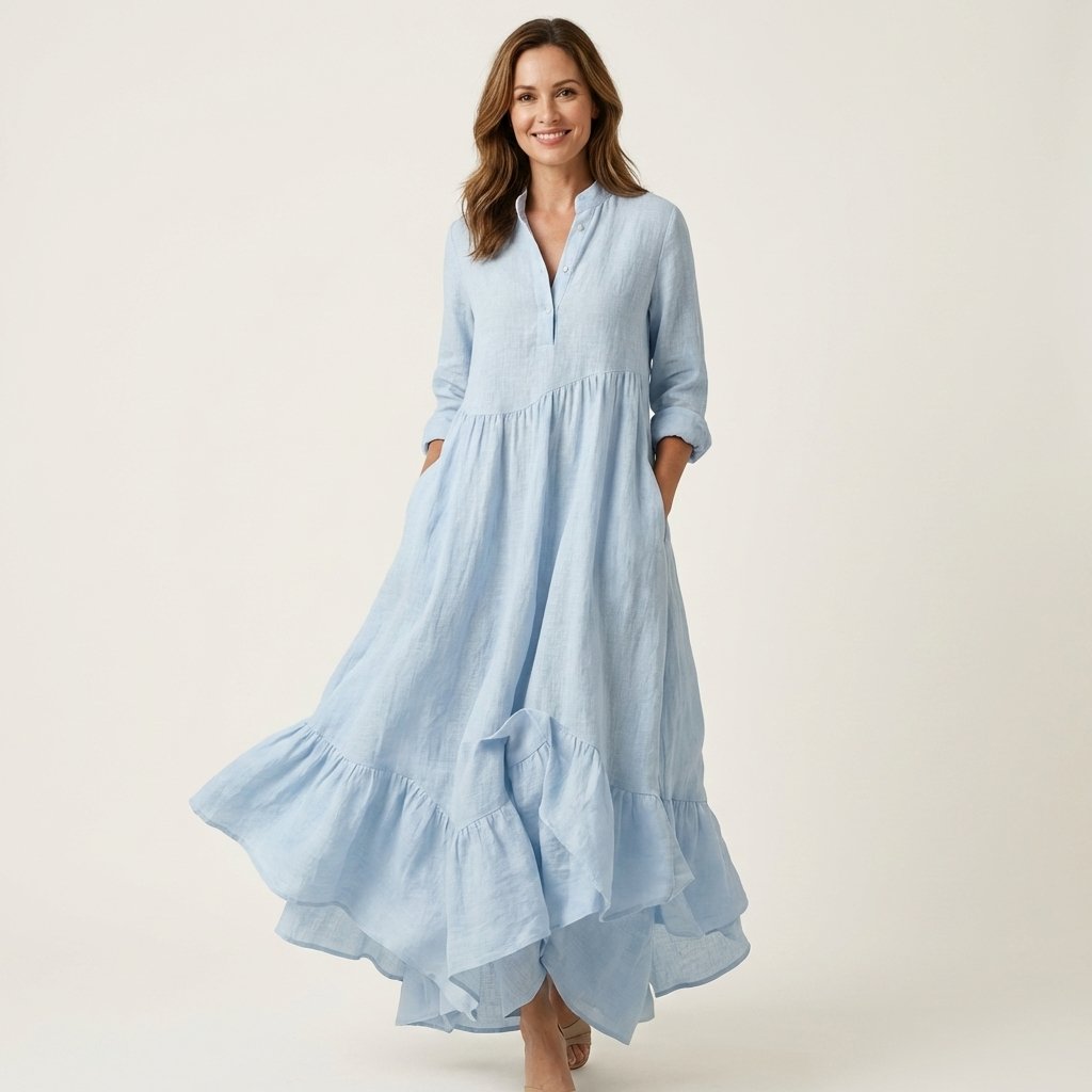 Jilana | Stand-Collar Button-Front Ruffle Hem Maxi Dress Detail