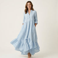 Jilana | Stand-Collar Button-Front Ruffle Hem Maxi Dress Detail