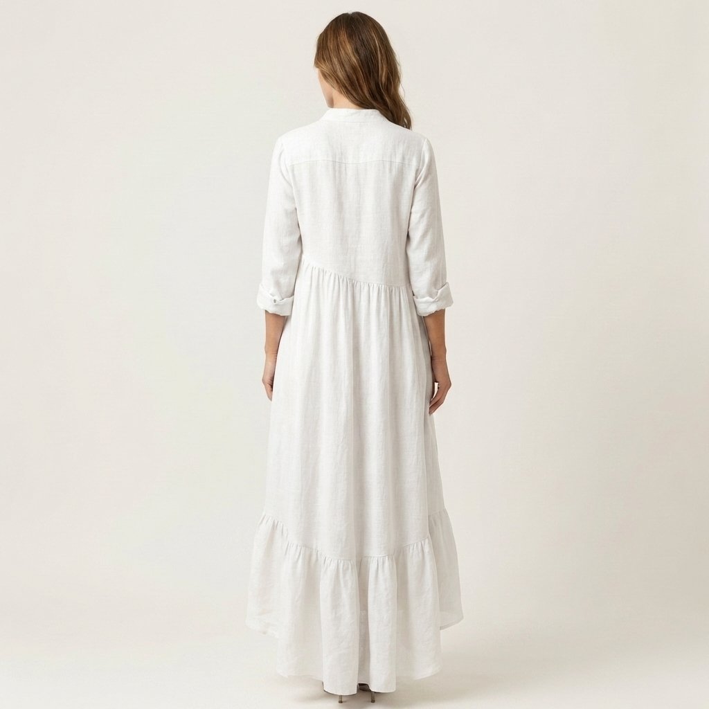 Jilana | Stand-Collar Button-Front Ruffle Hem Maxi Dress Front