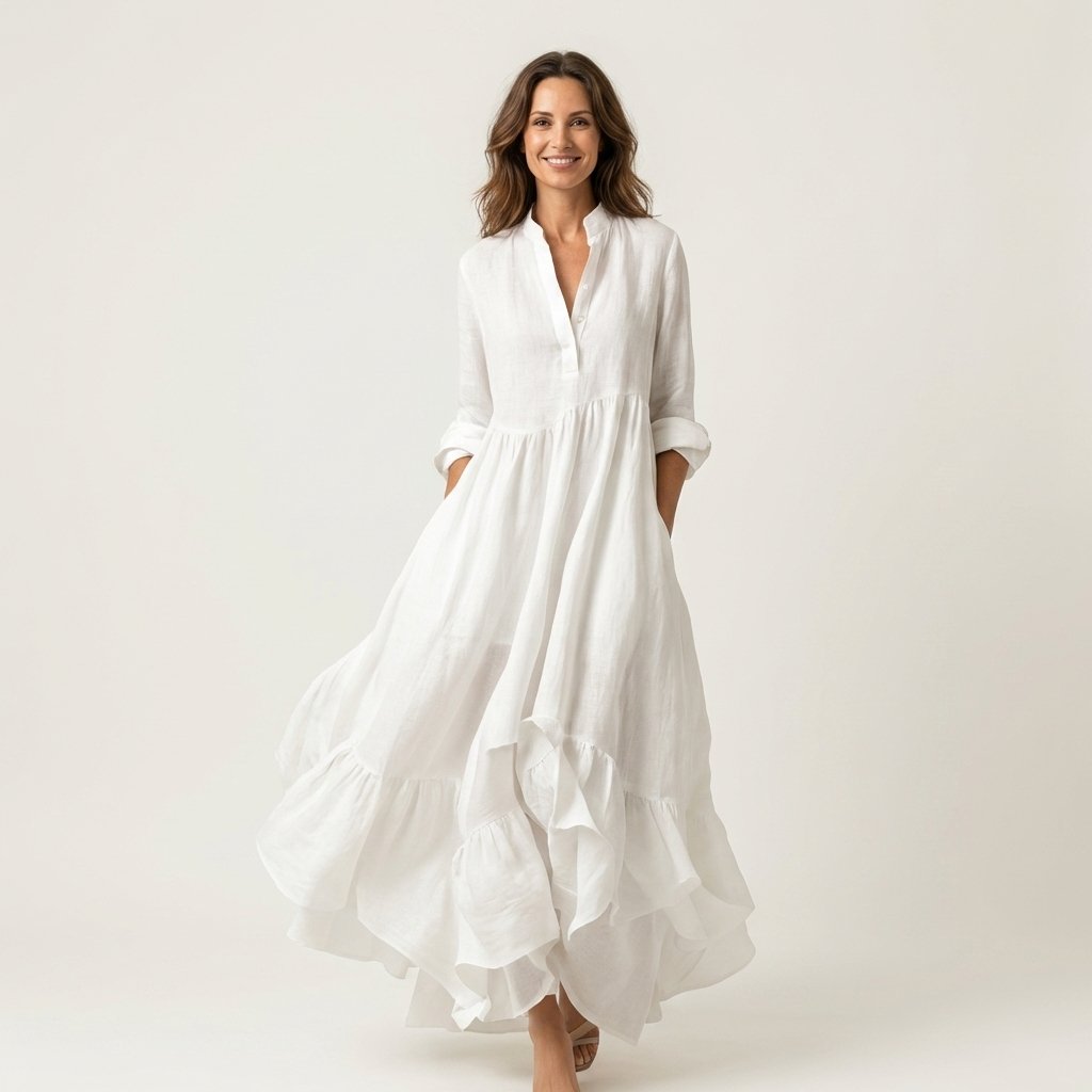 Jilana | Stand-Collar Button-Front Ruffle Hem Maxi Dress Hero