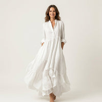 Jilana | Stand-Collar Button-Front Ruffle Hem Maxi Dress Hero