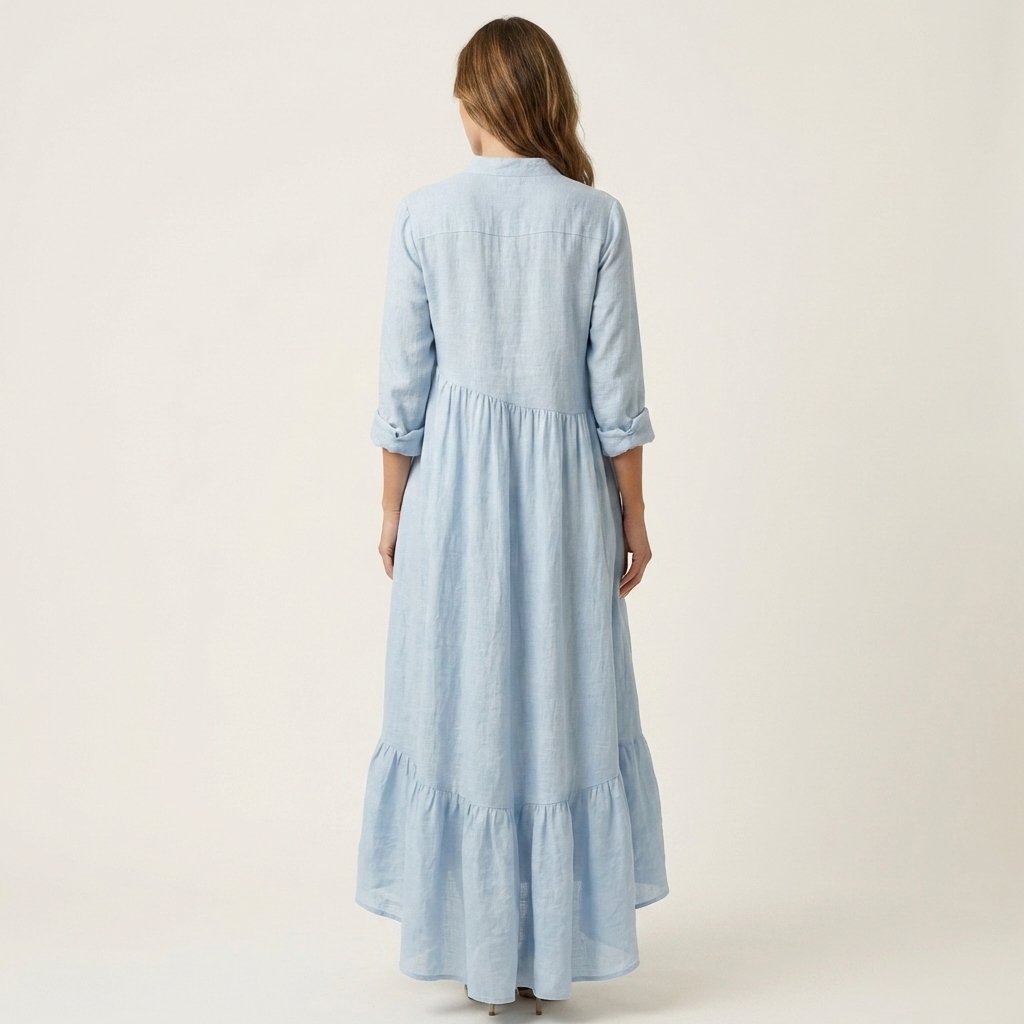 Jilana | Stand-Collar Button-Front Ruffle Hem Maxi Dress Side