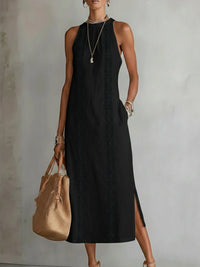 Jimena | Relaxed Embroidered Mandarin Collar Midi Dress Angle
