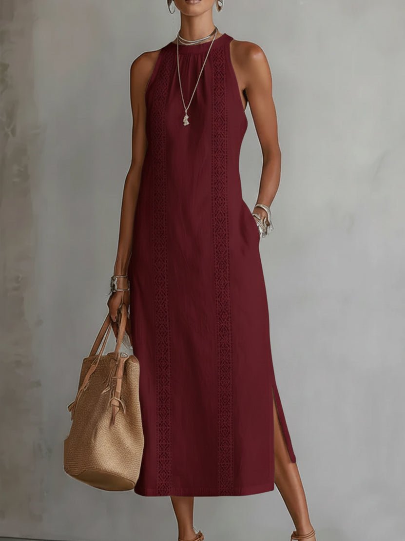 Jimena | Relaxed Embroidered Mandarin Collar Midi Dress Close Up