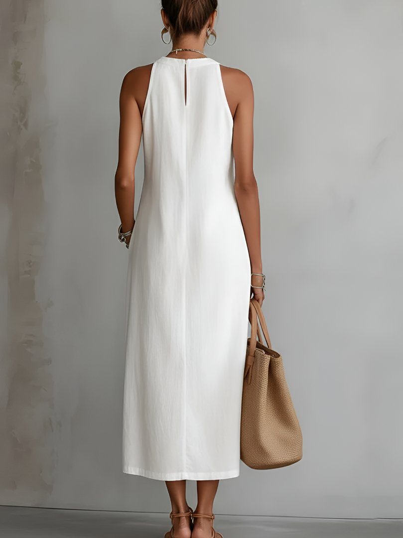 Jimena | Relaxed Embroidered Mandarin Collar Midi Dress Front