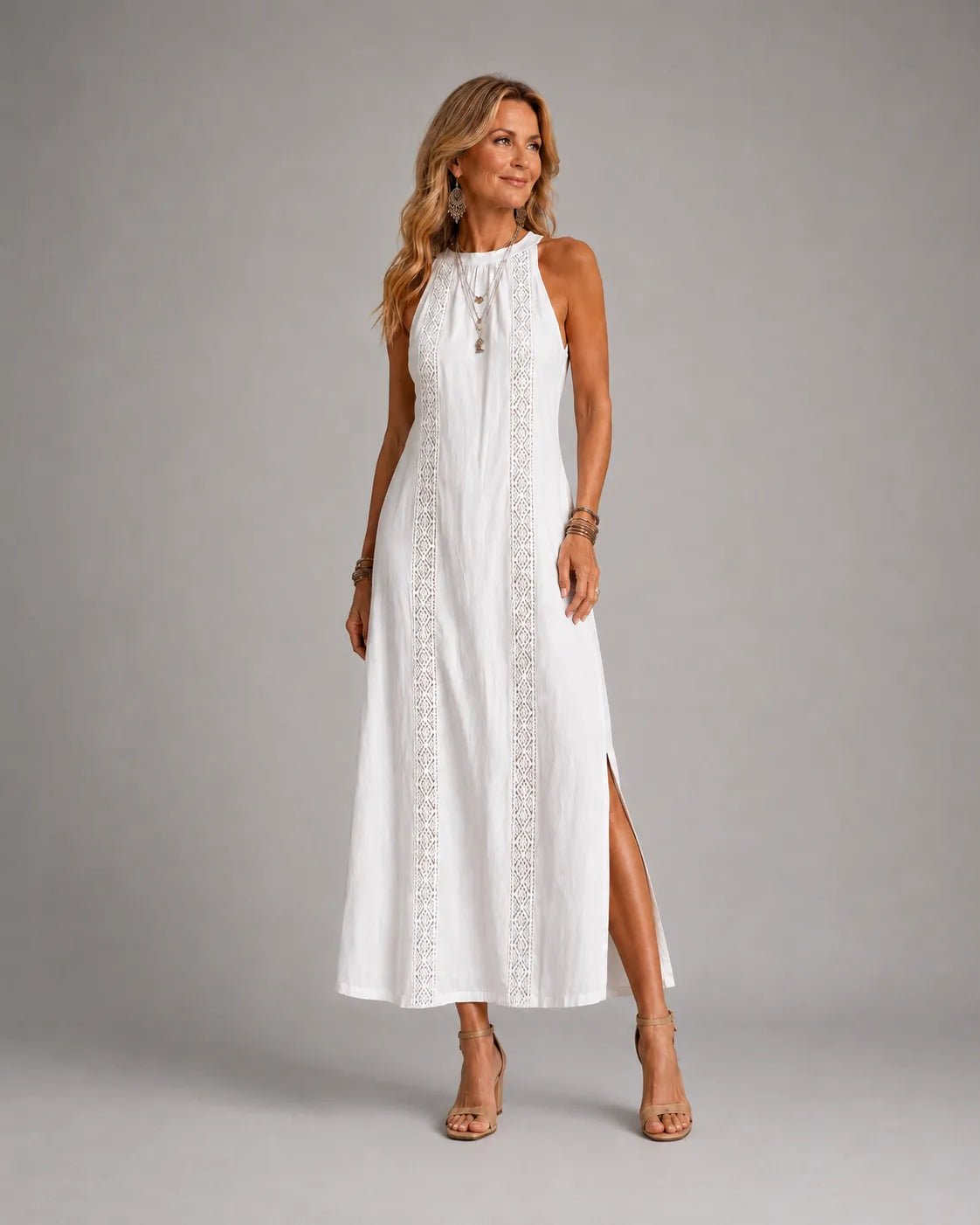 Jimena | Relaxed Embroidered Mandarin Collar Midi Dress Hero