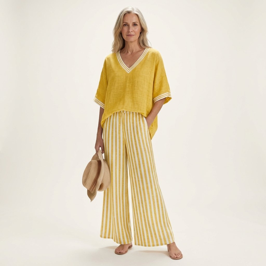 Juliana | V-Neck Varsity Top & Stripe Wide-Leg Set Back