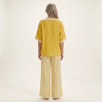 Juliana | V-Neck Varsity Top & Stripe Wide-Leg Set Close Up