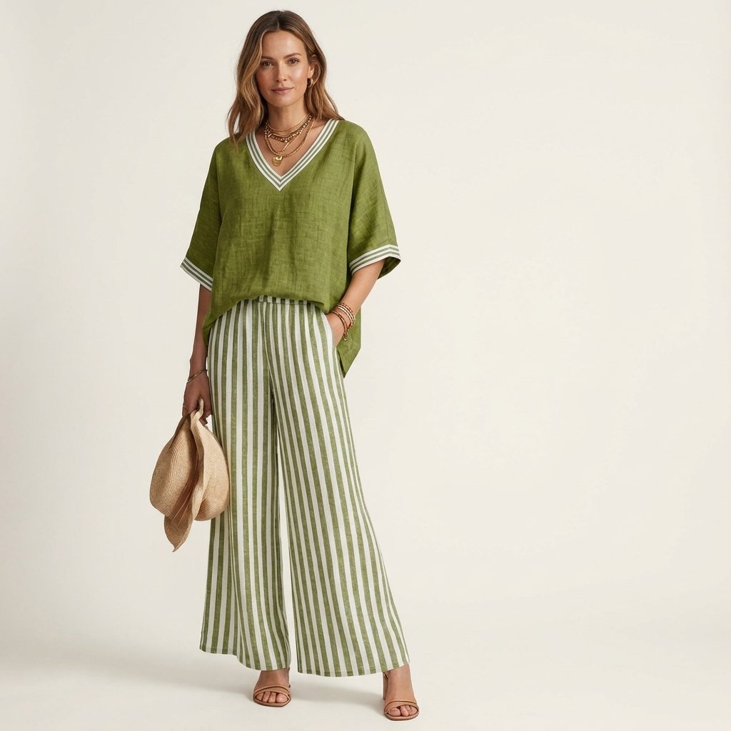 Juliana | V-Neck Varsity Top & Stripe Wide-Leg Set Detail