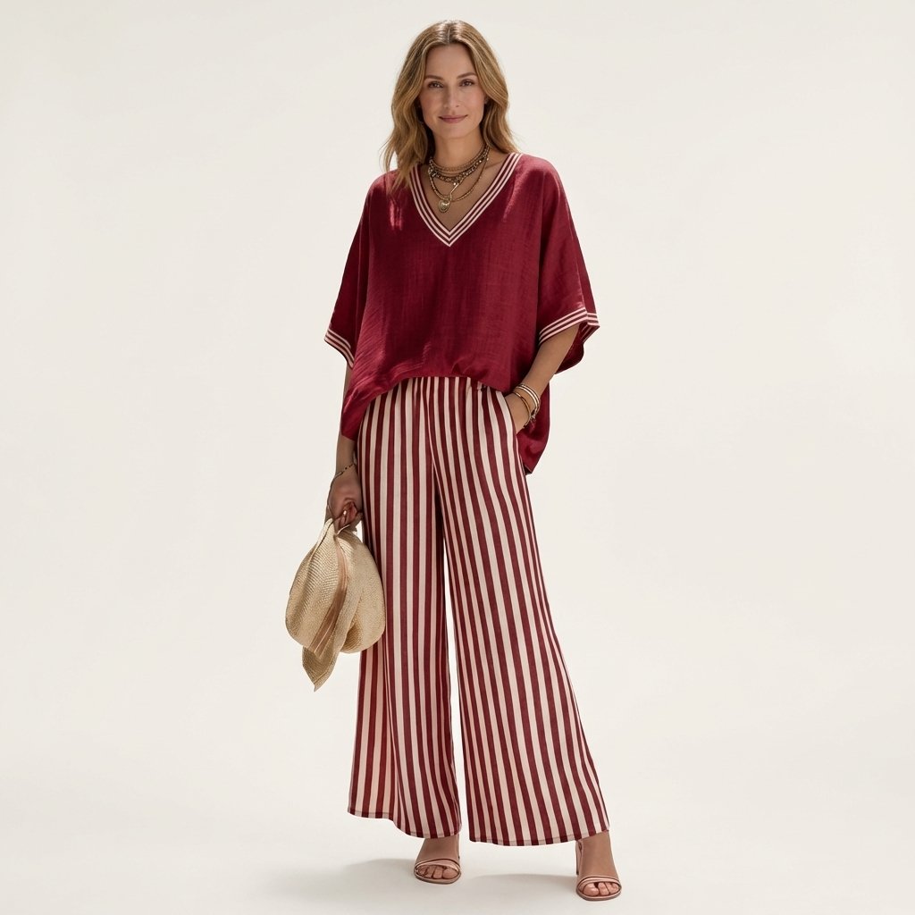 Juliana | V-Neck Varsity Top & Stripe Wide-Leg Set Full