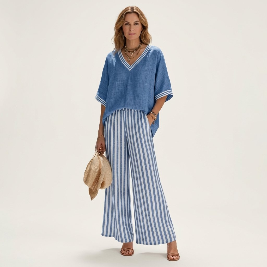 Juliana | V-Neck Varsity Top & Stripe Wide-Leg Set Hero