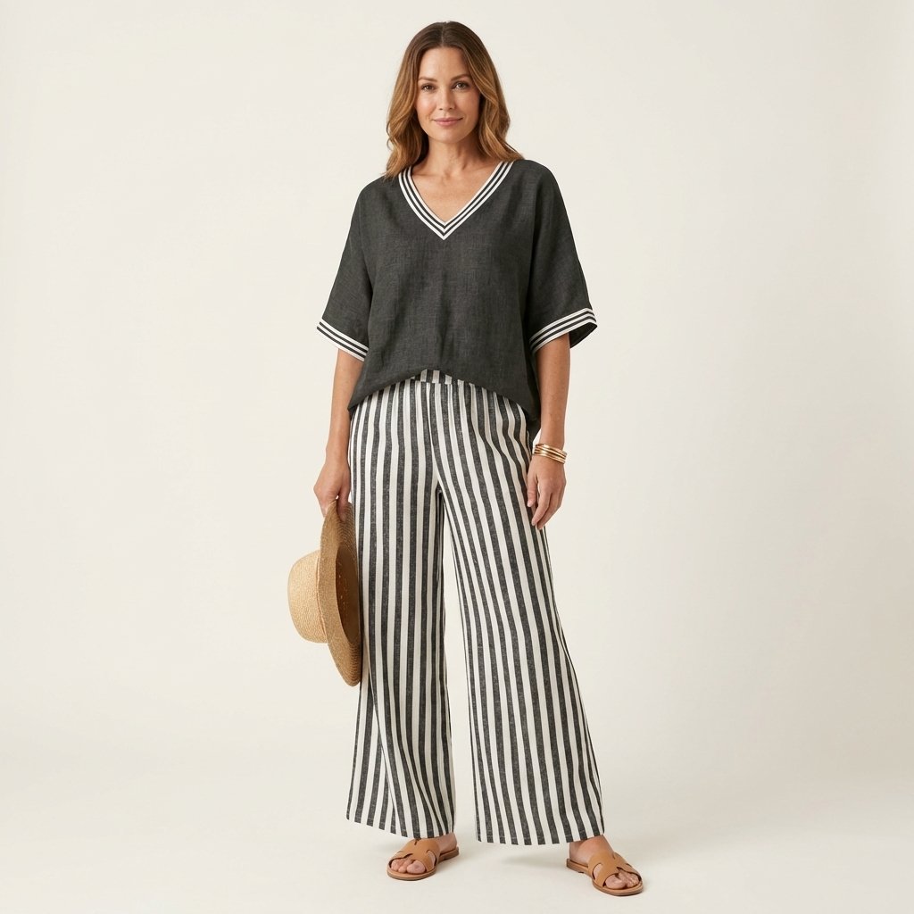Juliana | V-Neck Varsity Top & Stripe Wide-Leg Set Lifestyle