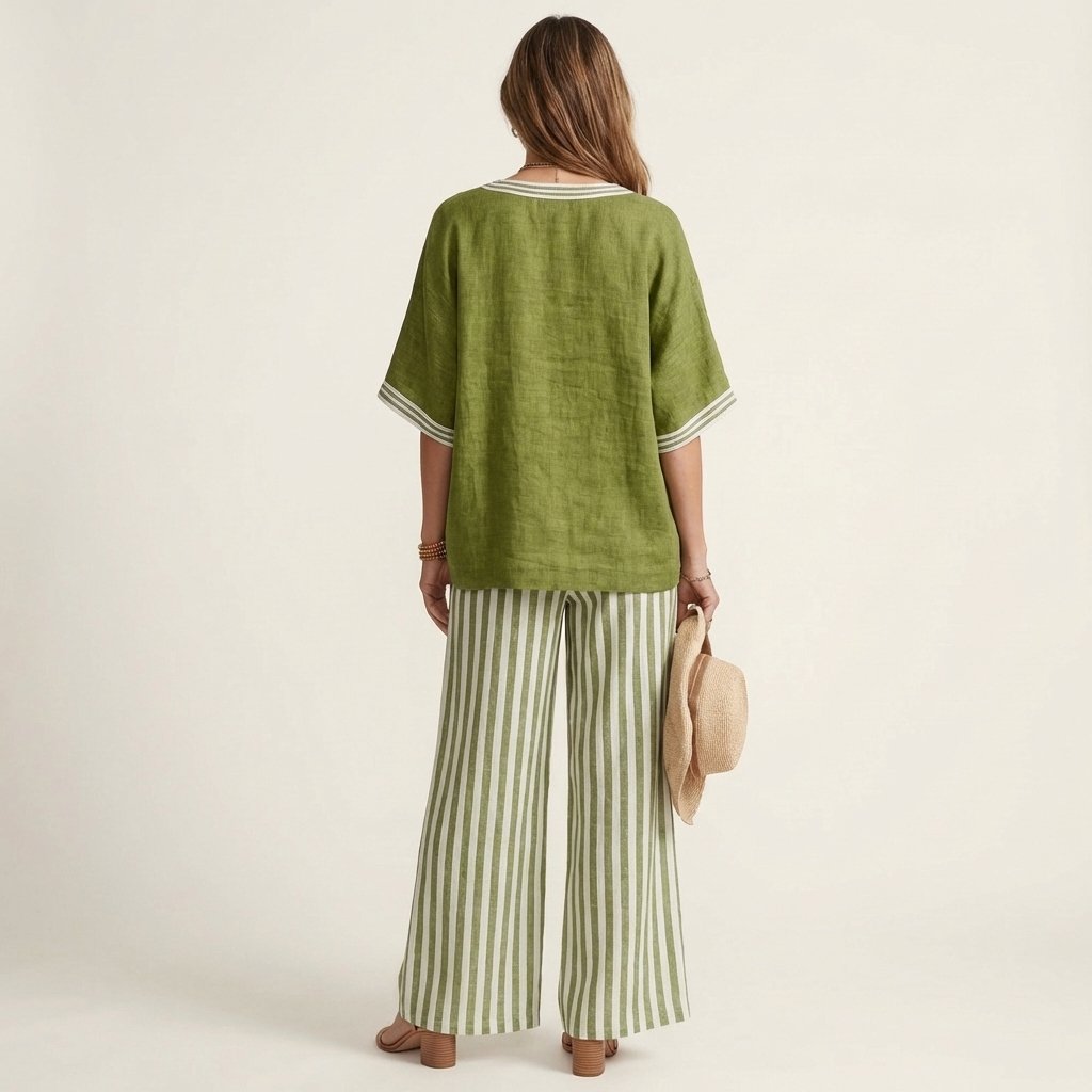 Juliana | V-Neck Varsity Top & Stripe Wide-Leg Set Side