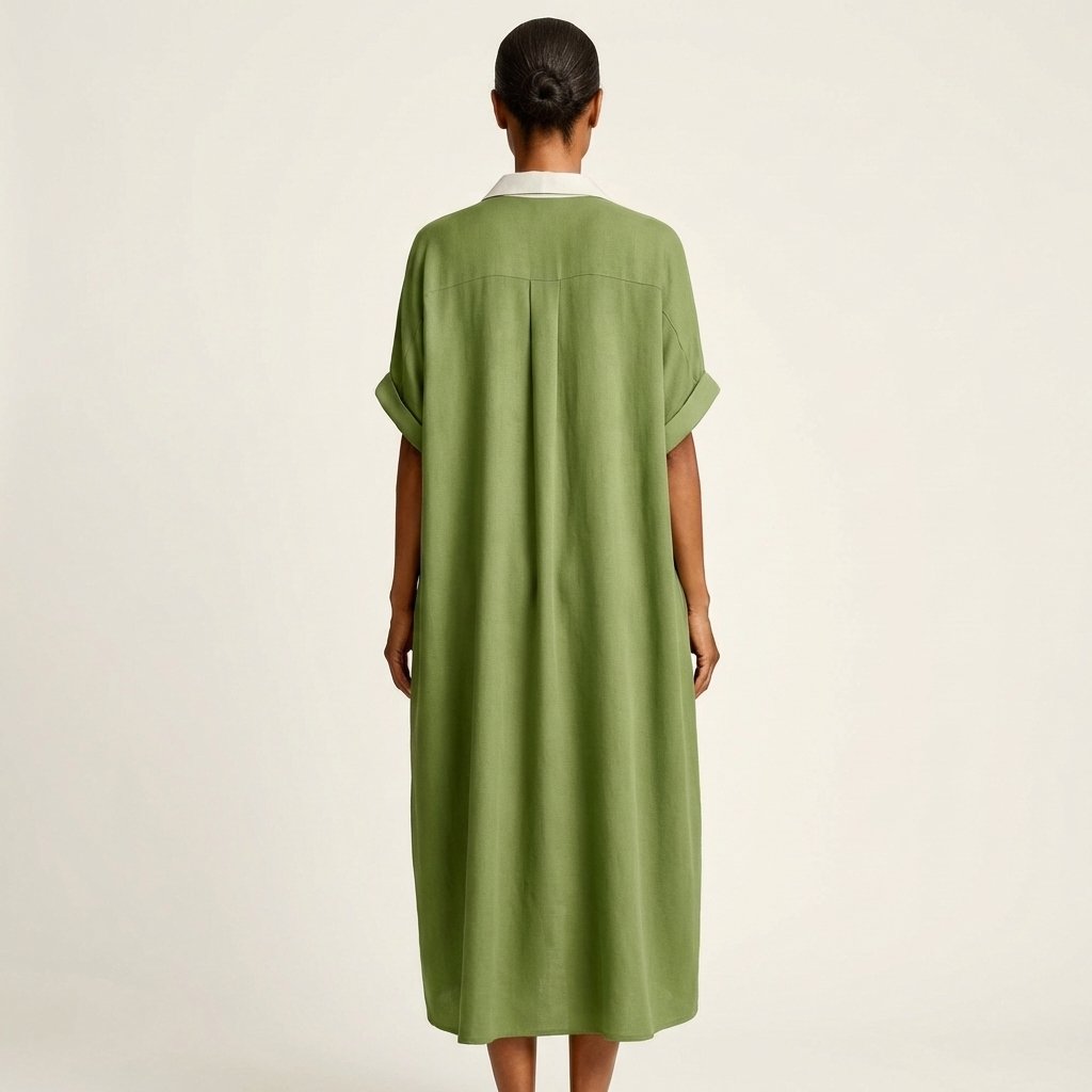 Kamira | Contrast-Collar Button-Front Short-Sleeve Maxi Shirt Dress Alternate