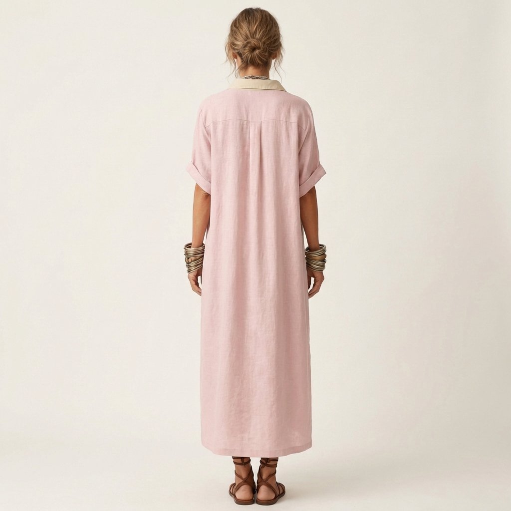 Kamira | Contrast-Collar Button-Front Short-Sleeve Maxi Shirt Dress Angle