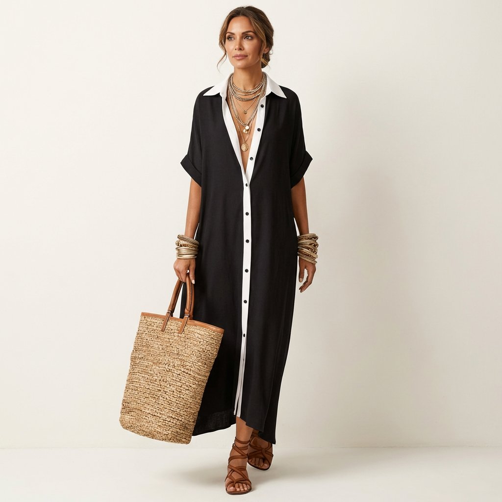 Kamira | Contrast-Collar Button-Front Short-Sleeve Maxi Shirt Dress Back