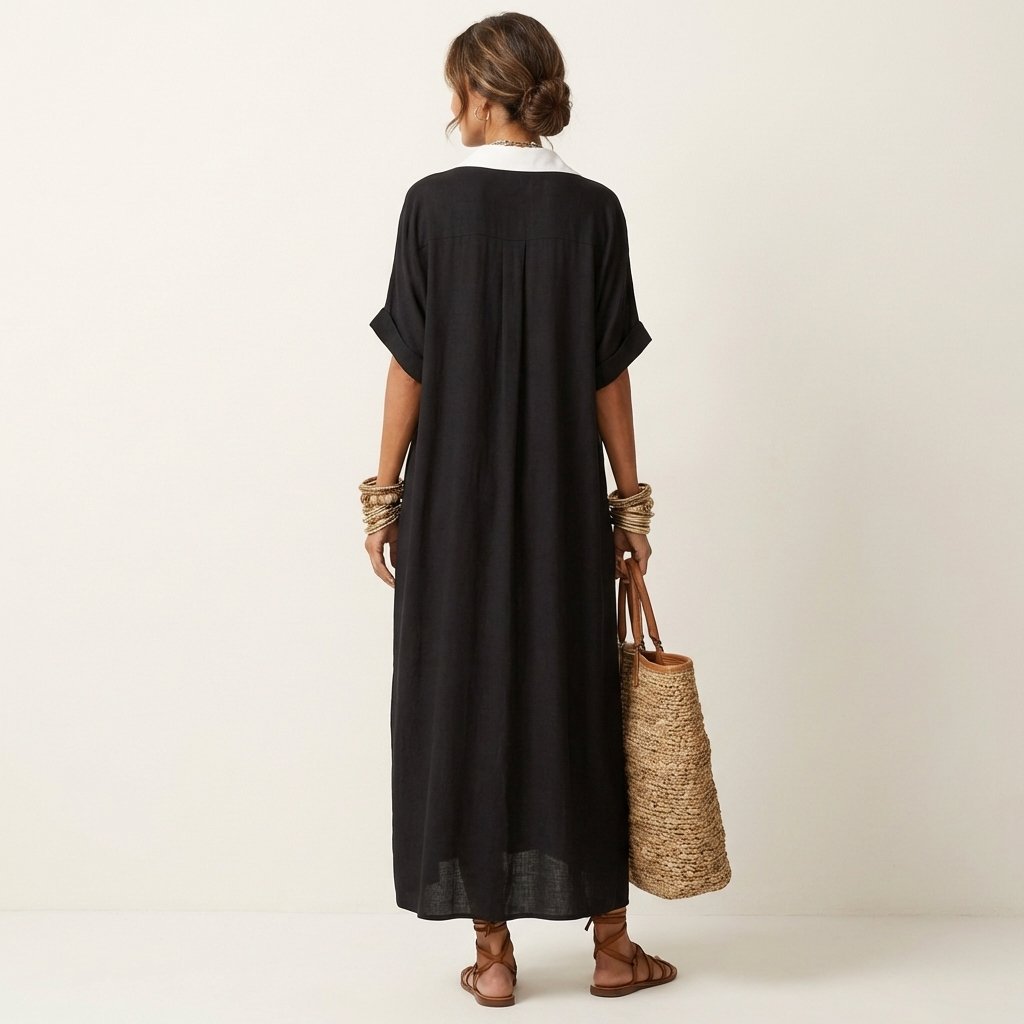 Kamira | Contrast-Collar Button-Front Short-Sleeve Maxi Shirt Dress Close Up