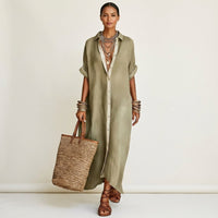 Kamira | Contrast-Collar Button-Front Short-Sleeve Maxi Shirt Dress Detail