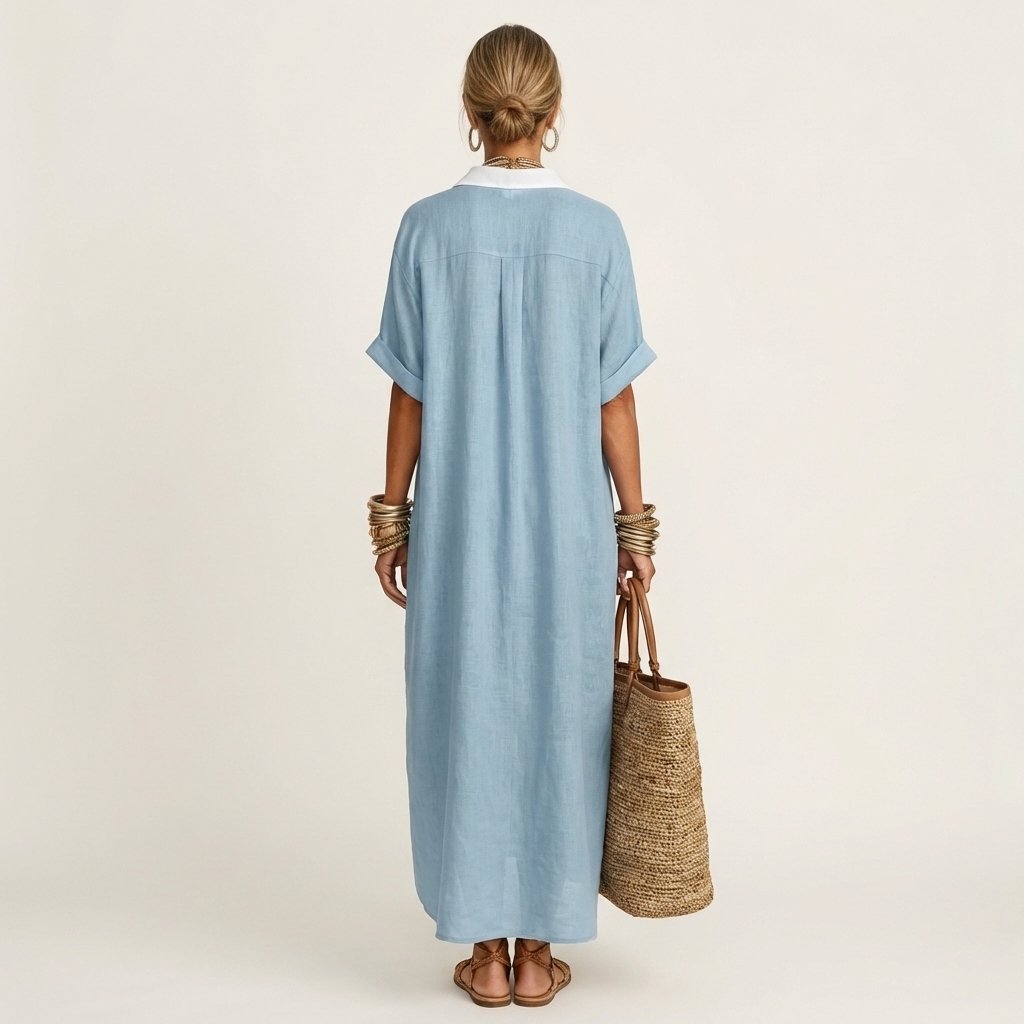 Kamira | Contrast-Collar Button-Front Short-Sleeve Maxi Shirt Dress Front