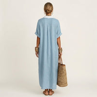 Kamira | Contrast-Collar Button-Front Short-Sleeve Maxi Shirt Dress Front