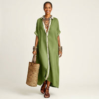 Kamira | Contrast-Collar Button-Front Short-Sleeve Maxi Shirt Dress Full