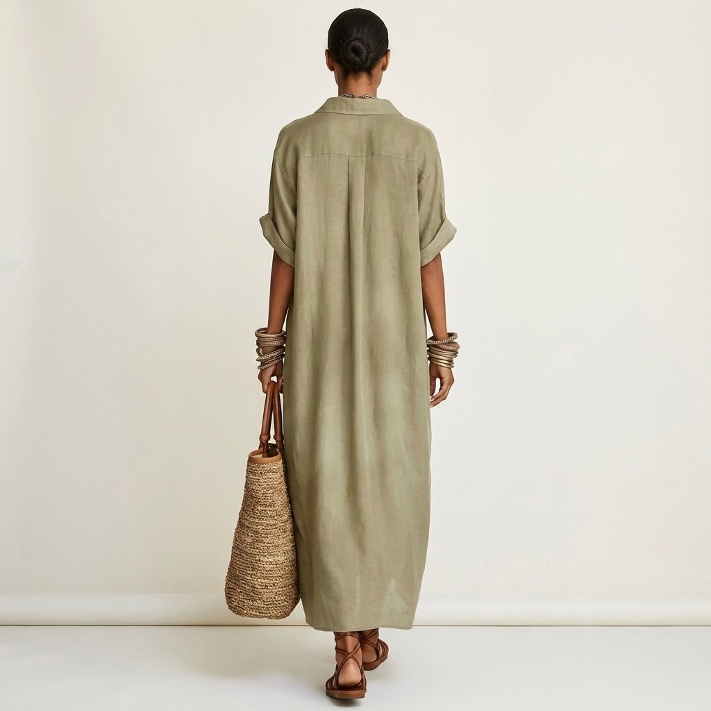 Kamira | Contrast-Collar Button-Front Short-Sleeve Maxi Shirt Dress Side