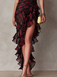 Lowe | Floral Ruched Ruffle Hem Midi Dress for Women Angle