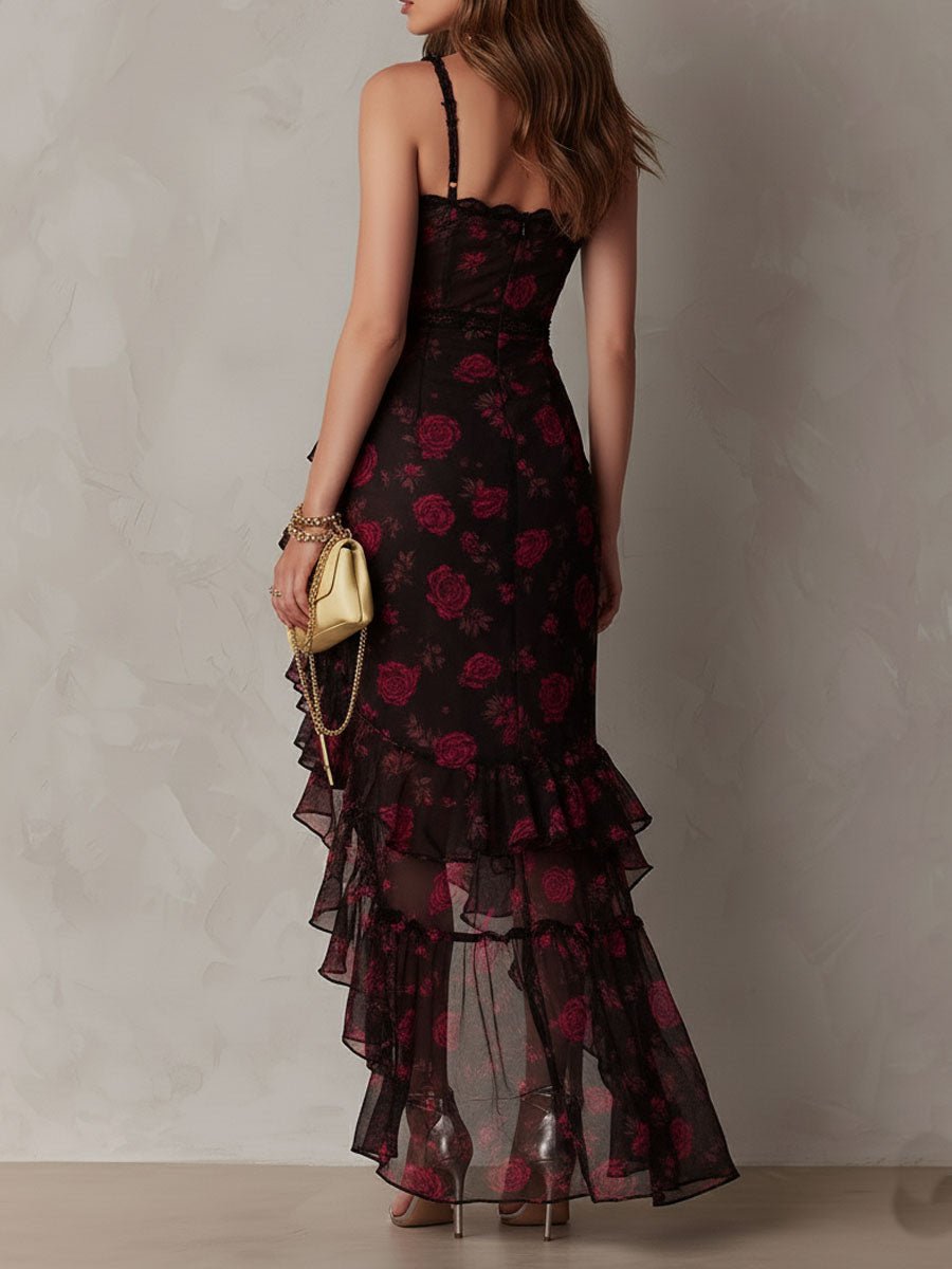 Lowe | Floral Ruched Ruffle Hem Midi Dress for Women Back