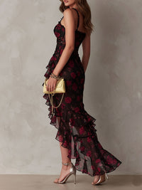 Lowe | Floral Ruched Ruffle Hem Midi Dress for Women Close Up