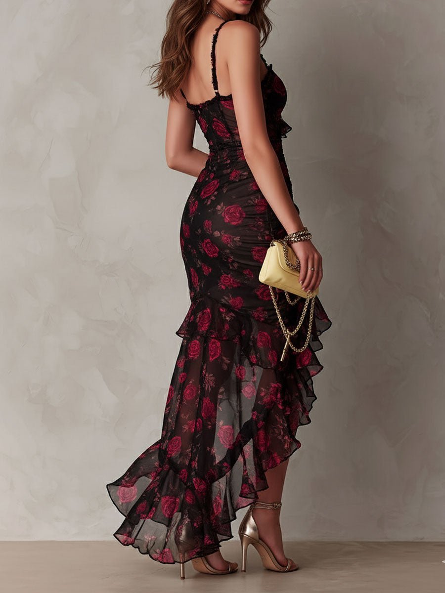 Lowe | Floral Ruched Ruffle Hem Midi Dress for Women Detail