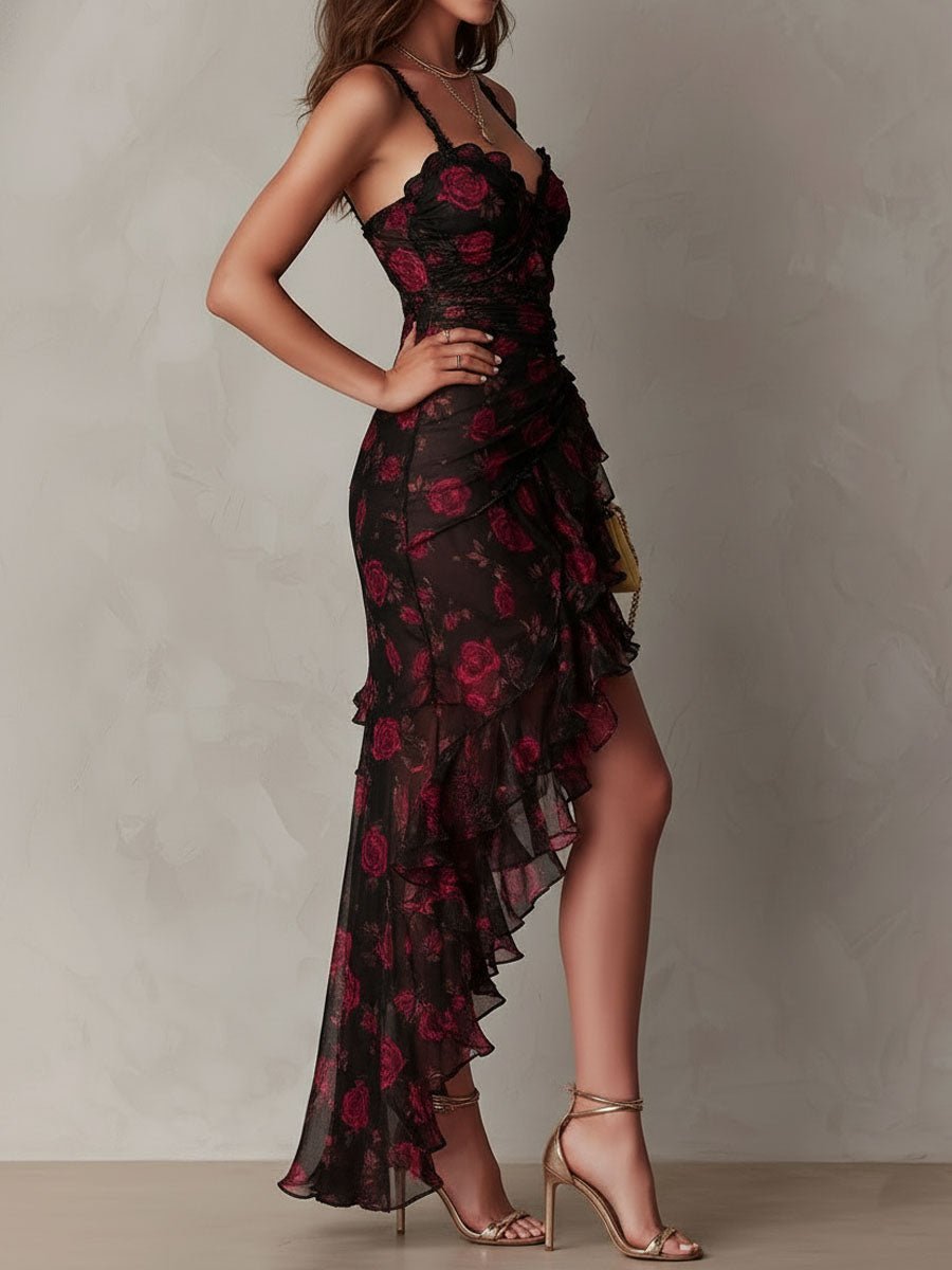 Lowe | Floral Ruched Ruffle Hem Midi Dress for Women Side